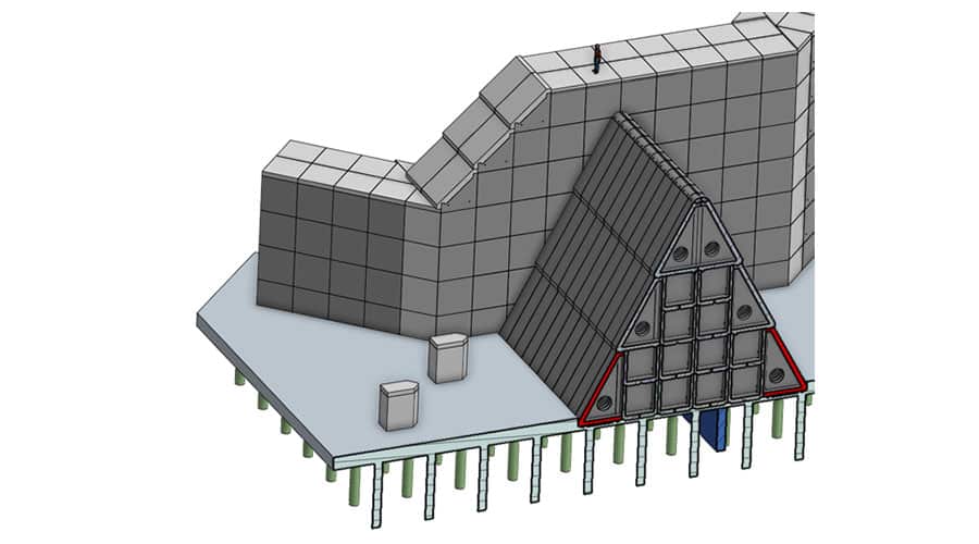 Section through dam and bulkhead usign modular precast concrete blocks