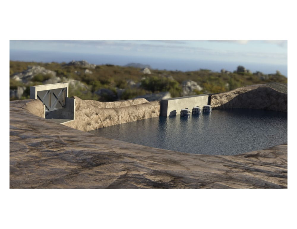 1 Upper reservoir of a pumped storage hydro system with modular precast intake outflow structure.