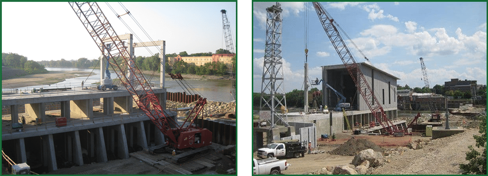 Bowersock Hydropower facility during construction of powerhouse (precast and prestressed modules), Lawrence KA