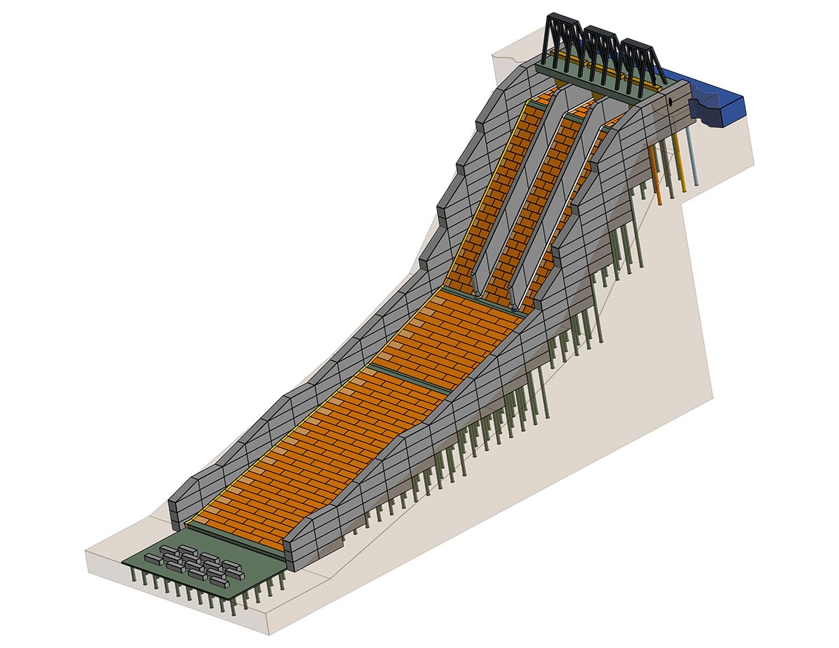 4 Side view of modular precast spillway with anchor bolts, working platform, flow control gates, precast modular energy diffusers and modular guide walls.
